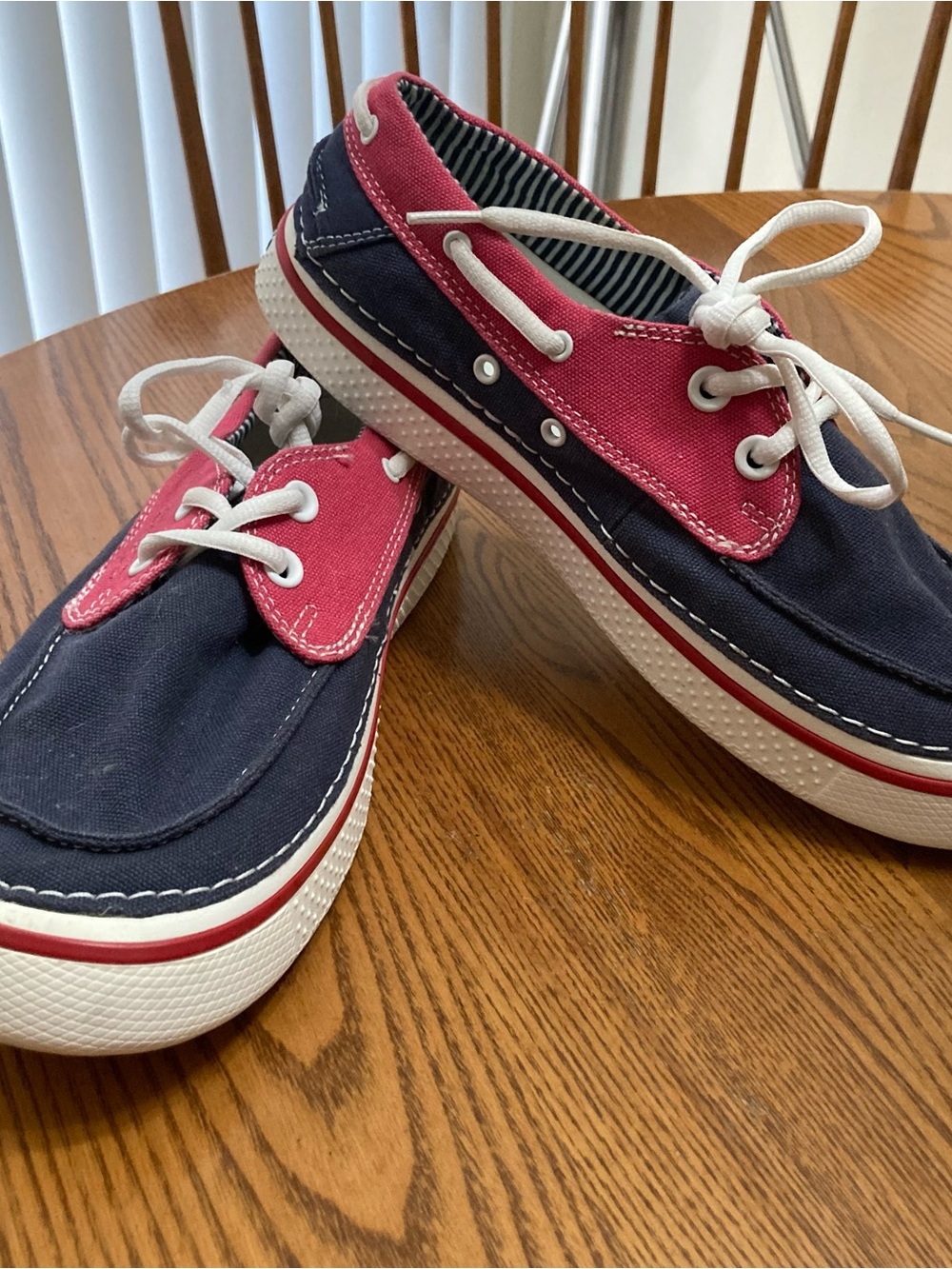CROCS Navy and Pink Canvas Boat Sneakers with White Laces